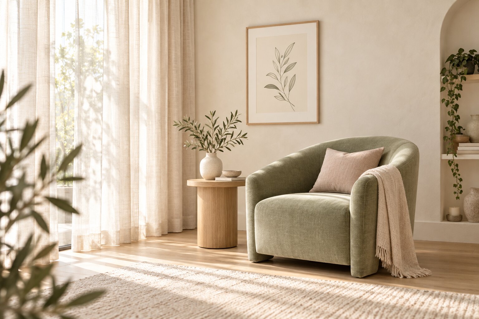 A warm consultation space with a sage chair, natural wood, and soft botanical details